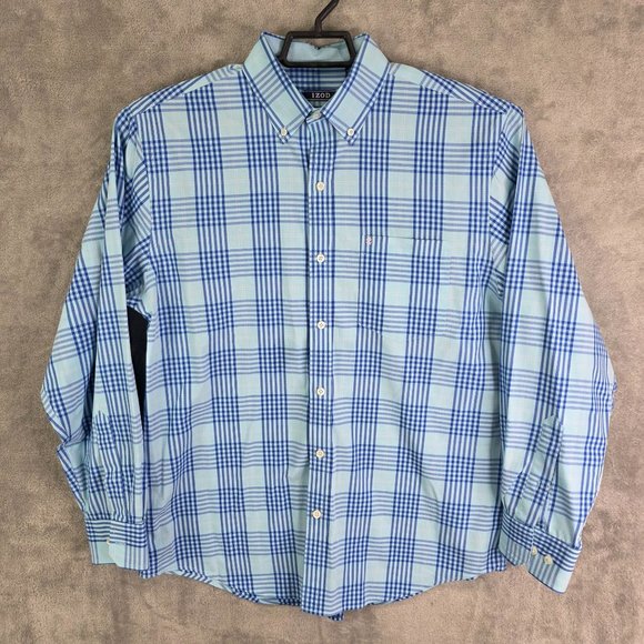 Mens Izod Premium Essentials Blue Plaid Shirt Button Down Long Sleeve Size M - Picture 2 of 8